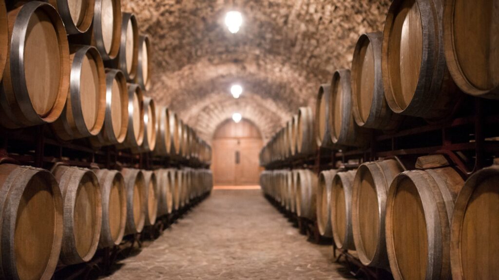 Wooden barrels for aging red wine in the cellar can release tannins to the wine