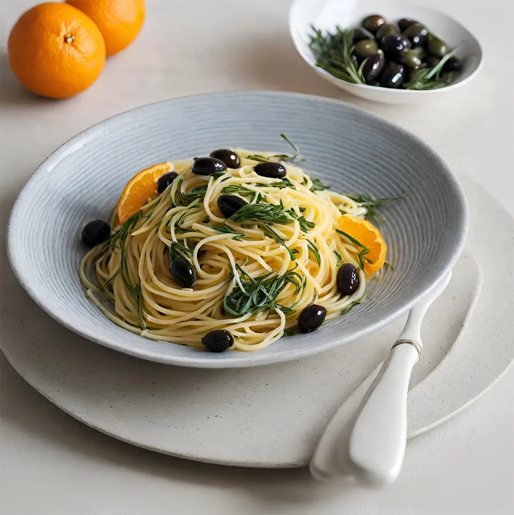 Spaghetti, agretti, olive taggiasche, fette di arancia